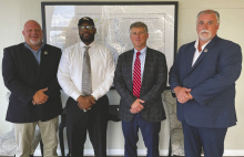 Pictured are (from left) Tensas Parish Sheriff Rob Rushing, East Carroll Parish Sheriff Wydette Williams, 6th Judicial District Attorney Edwin S. Moberley and Madison Parish Sheriff Chad Ezell at the district attorney’s office after the three sheriffs endorsed Moberley’s campaign. TIMOTHY HOLDINESS, MADISON JOURNAL