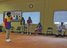 GMA JAG students (from left) Dylan Lyons, Tonaijah, and Gabrielle Thomas present to school board. Also pictured are (from right to left) Isaac Fields Jr., interim principal at GMS and Sharolyn Gibson, JAG specialist.