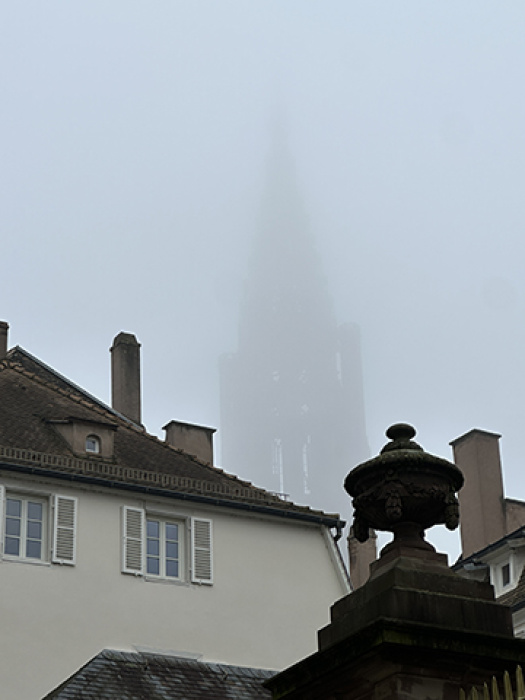 Strasbourg Cathedral spire in the fog