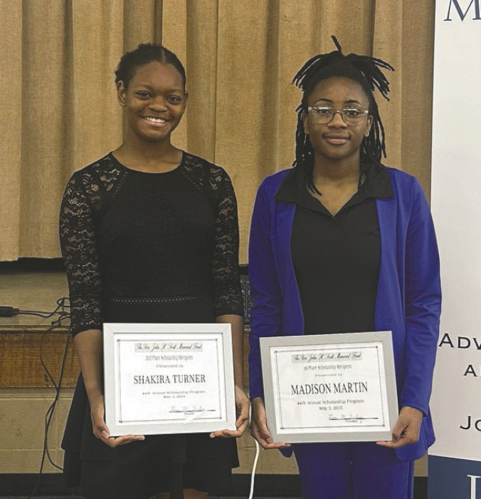 The John H. Scott Memorial Fund scholarship fund held its annual announcement ceremony Saturday. First place recipient of a $6,000 scholarship is Madison Martin (at right), an honor student at General Trass High School who plans to attend Southern University Baton Rouge and major in engineering. Madison also won the video contest and received the attendance award for having the highest number of supporters in attendance at the program. Second place recipient is Shakira Turner (left) from Tensas High School.