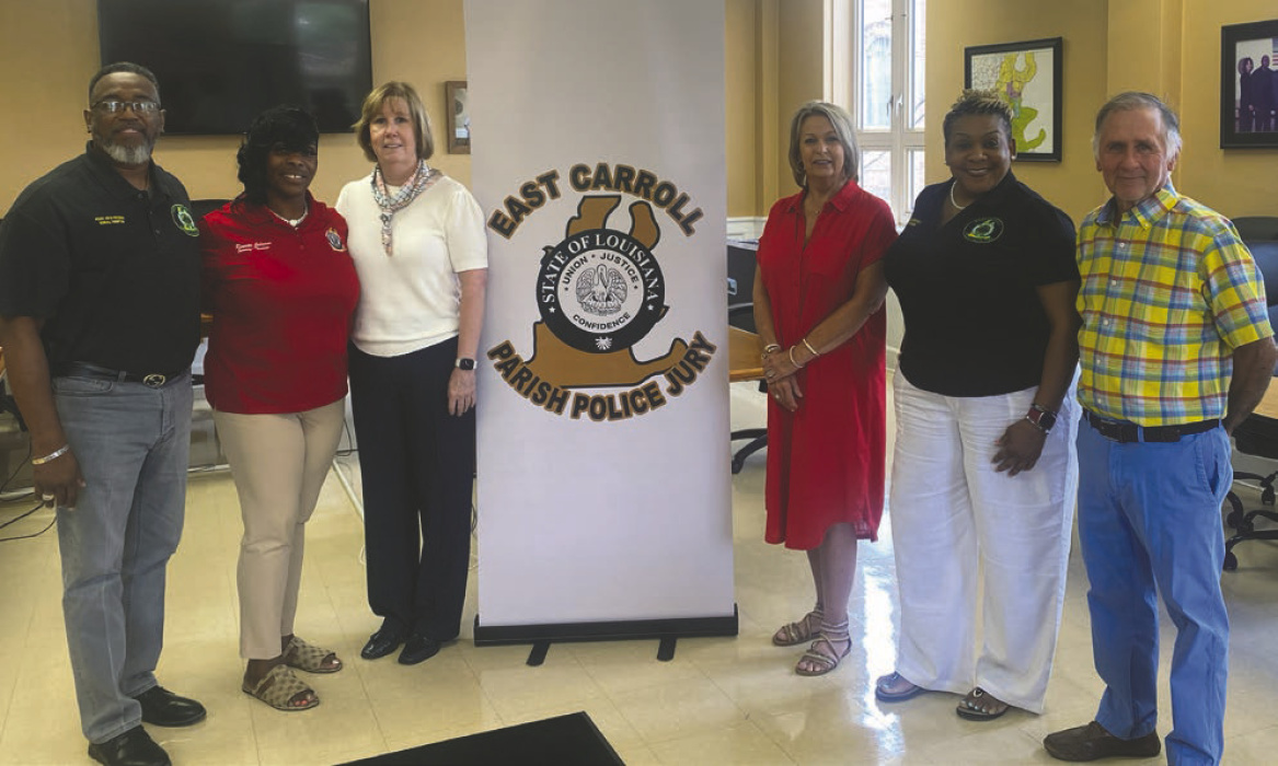 Representatives from the offices of U.S. Rep. Julia Letlow and U.S. Sen. Bill Cassidy dropped by the East Carroll Police Jury meeting room last week as the jury's meeting was ending. Pictured are (from left) Kendall Thompson, jury president; Ronata Johnson, jury secretary/treasurer; Ramona Riser Martin, director of outreach for Letlow; Angie Robert, northeast regional director for Cassidy; Kofi Darden, jury vice president; and Randy Walters, juror.