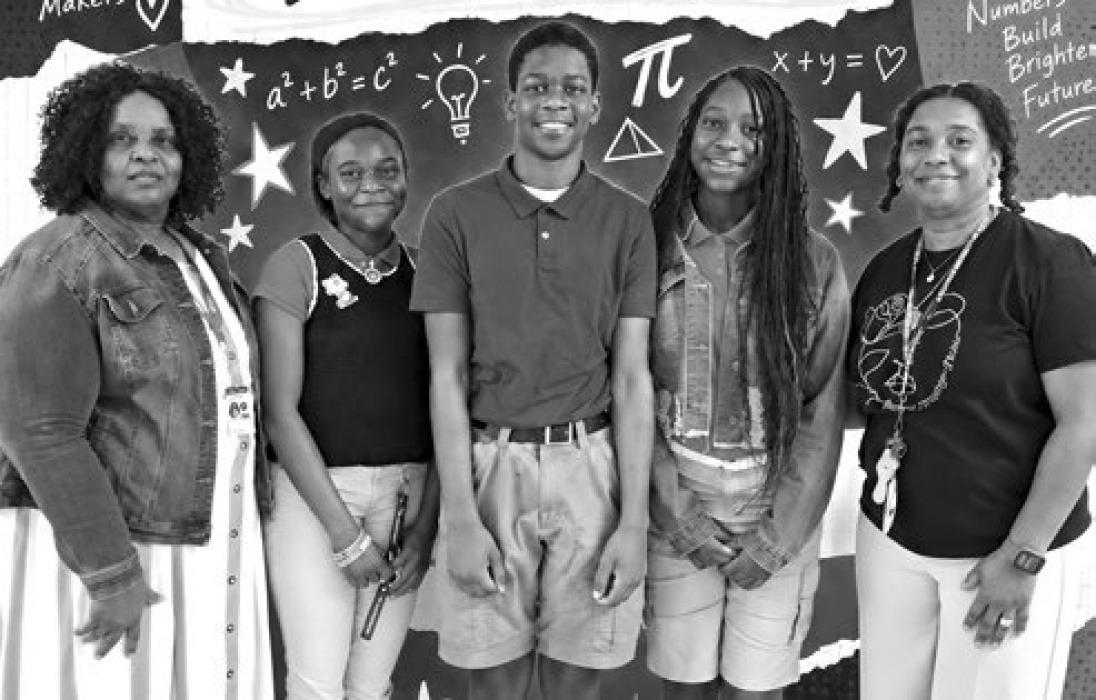 GLUE Chi Mu Alpha (from left) 7th Grade Math Sponsor Joyce Allen, President Mar’Vae Burks, Vice President Jaylen Hickman, Secretary/Treasurer Ivyona Knight, and 6th Grade Math Sponsor Renata Felix-Watkins.