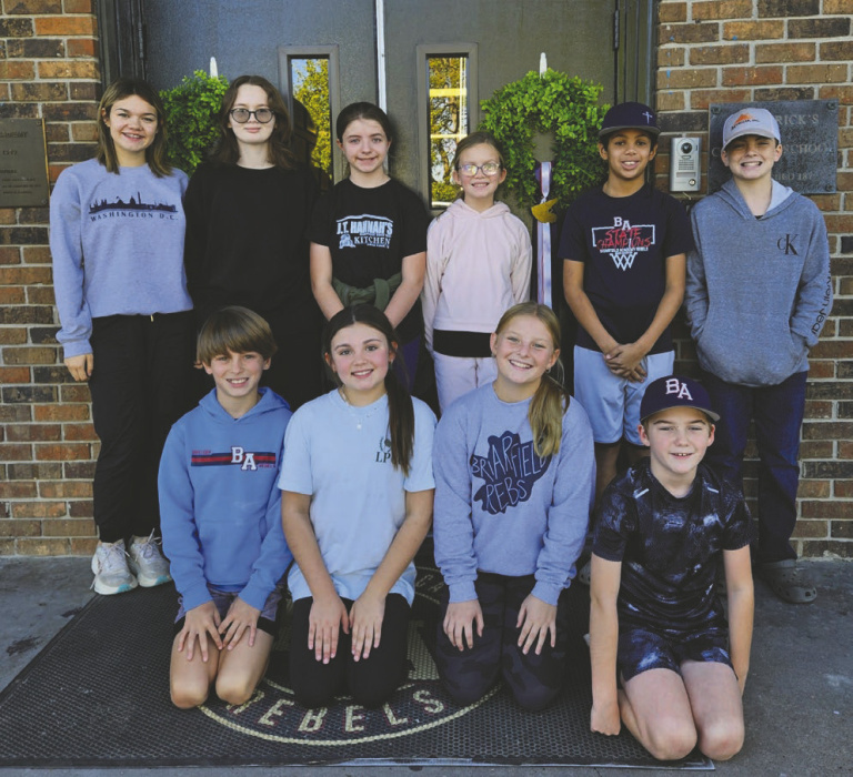 Winners of the recent Briarfield Academy spelling bee were (back, from left) Sophie Hopkins, Karlie Womack, Sadie Arledge, Addison Russell, Tristan Crowe, Maverick Weeks (front, from left) Clark Benton, McCall Kiefer, Vivian Payne, Kitch Hopkins. COURTESY PHOTO