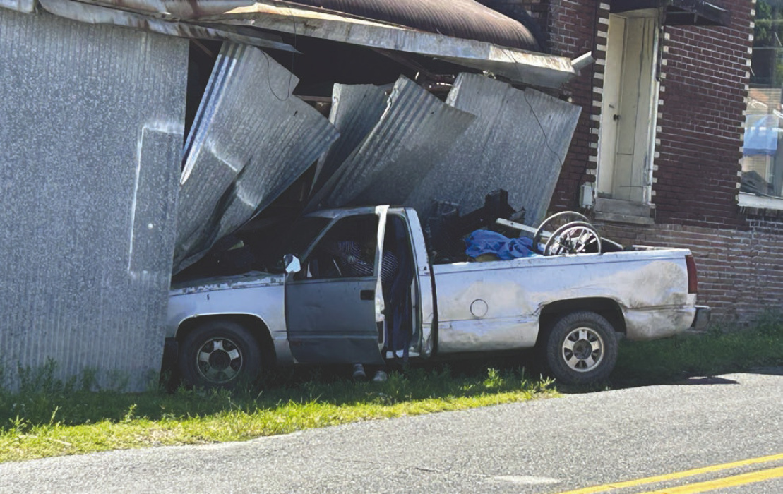 Greg Bell of Lake Providence drove his pickup truck into the back left side of the Kilpatrick building Monday morning (pictured at left). Bell told officers that his passenger door had flown open, and when he went to shut it, he veered off the roadway into the building. The accident was handled by the Louisiana State Police.