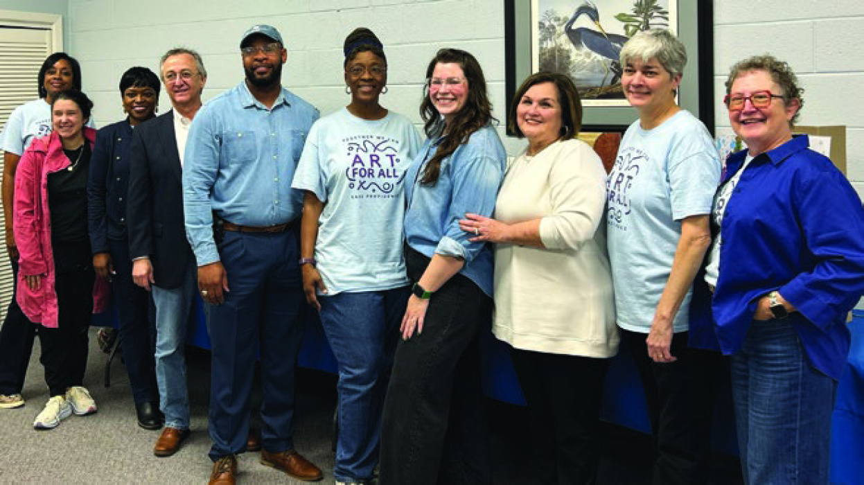 Attending the Art for All Lake Providence 'big check' presentation were (from left) Kris Sanders, East Carroll Library; Catherine Oswalt, featured artist; Lekeisha Lucas, 4-H extension agent; Barry Stevens, Arts Council executive director; Sheriff Wydette Williams; Wanda Manning, featured artist; Abigail Handy-Garcia, Arts Council development director; Evelyn LeBeau, Council on Aging director; Laura Arvin, Doorway to Louisiana board member; and Sara Beth Howard, featured artist. DOMINIQUE JONES