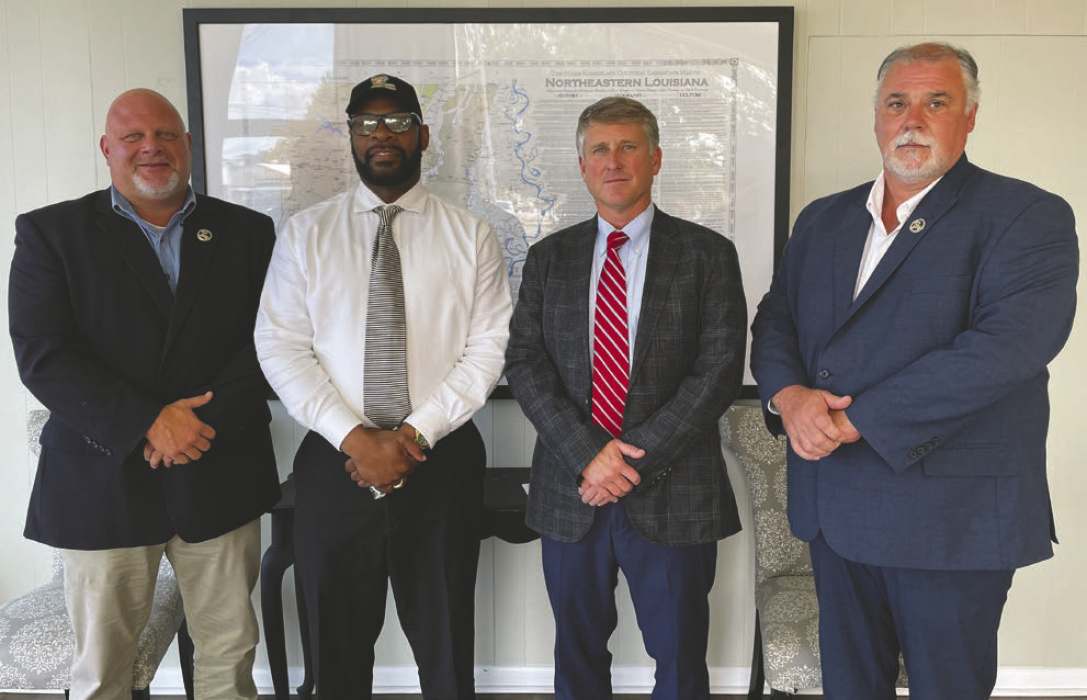 Pictured are (from left) Tensas Parish Sheriff Rob Rushing, East Carroll Parish Sheriff Wydette Williams, 6th Judicial District Attorney Edwin S. Moberley and Madison Parish Sheriff Chad Ezell at the district attorney’s office after the three sheriffs endorsed Moberley’s campaign. TIMOTHY HOLDINESS, MADISON JOURNAL