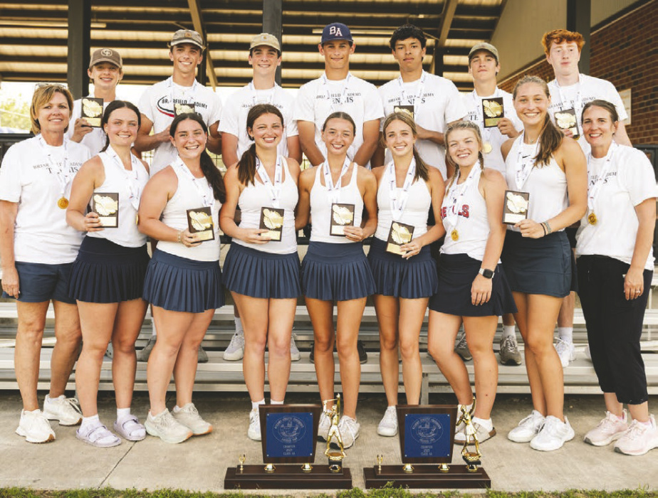 Briarfield Academy’s tennis teams brought home two state championship trophies from the state tournament in Vicksburg, Miss., last week. Congratulations to the girls and boys teams! Pictured from left, top row, Houston Condrey, Jack Martin, Deacon Howard, Jackson Thornton, Luis Perez, Davis Holt, Carson Brumley. Bottom row from left, Coach Lisa Walters, Ainsley Keene, Ella Claire Payne, Avery Robian, Caroline Miller, Charlotte Condrey, Julia O’Neal, Gracen Thornton, Coach Amberley Smith