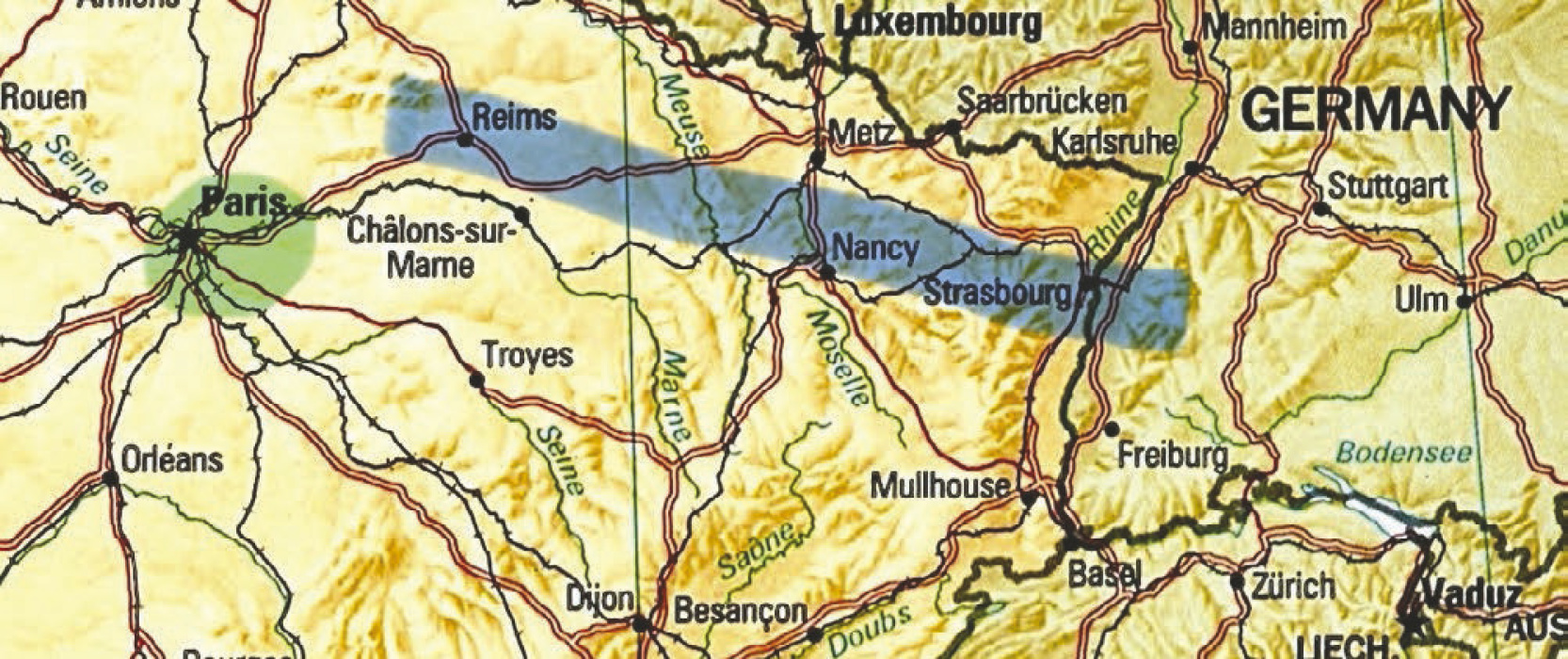 The route of Trey's travels from Strasbourg to Paris, with a quick, sparkly stop in Reims