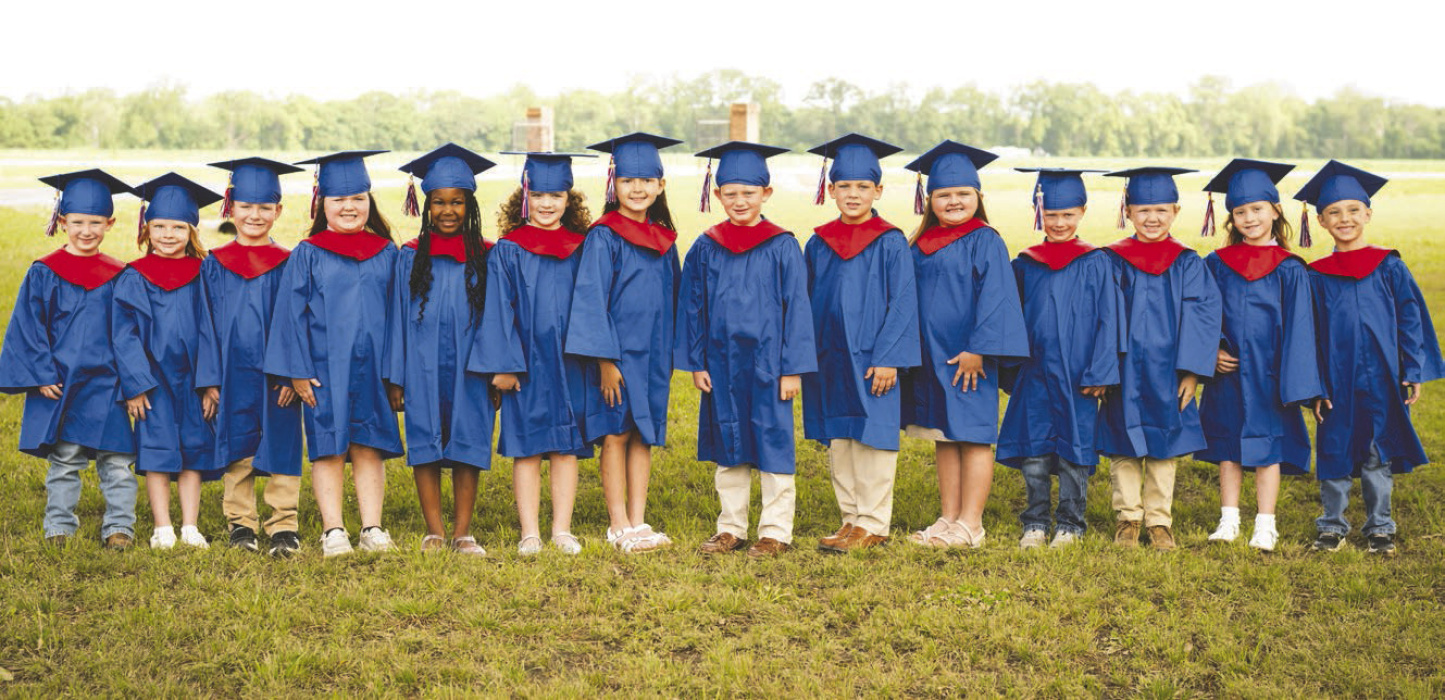 Briarfield’s Kindergarten class graduated last week at the Bobby Holt Gymnasium. Taught by Samantha McAlpin, this year’s graduates are (from left): Wade Isaac, Layla Zaunbrecher, Trace Travis, Ryleigh Dunn, Royalty Emerson, Anna Lou Muse, Lola Ratcliff, Rowan McIntyre, Wyatt Robian, Ellie Kait Mathews, Cooper Smith, James Myers, Olivia Lensing, and Joseph Noble. TAYLOR HOWARD